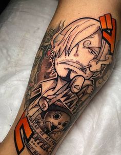 a man's leg with an orange ribbon around it and anime characters on it