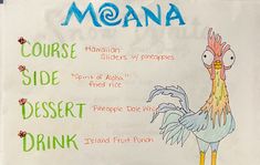 a drawing of a chicken on a piece of paper that says moan course side dessert drink