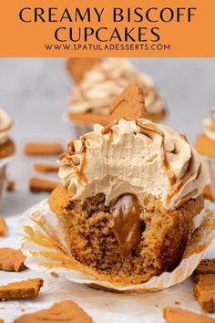 cupcakes with creamy biscoff and chocolate frosting in paper wrappers