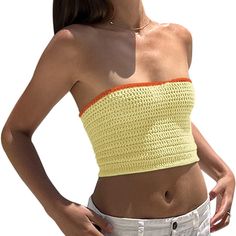 Never Worn Yellow/Orange Crotchet Sleeveless Top Spring Bandeau Crochet Top, Yellow Bandeau Tube Top For Beach, Yellow Tube Top For Beach, Casual Yellow Tube Top For The Beach, Casual Yellow Tube Top For Beach, Yellow Strapless Beach Top, Strapless Yellow Beach Top, Yellow Color Block Tops For The Beach, Yellow Color Block Tops For Beach