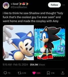 two screenshots of sonic and shadow from the video game, i like to think they