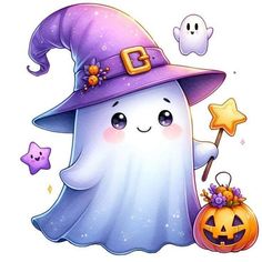 a cartoon ghost with a broom and hat holding a pumpkin in front of a white background