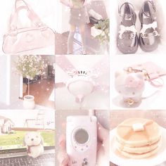 a collage of photos with pink and white items, including a teddy bear, purse, shoes, cell phone