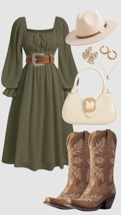 #green #olivegreen #western #countrygirl #country #dress #cowboyboots #cowgirl #churchoutfit #summer #falloutfit #outfitideas #modestfashion #outfit #modesty #hat Country Long Dress, White Country Outfits Women, Western Dresses And Skirts, Simple Western Dresses Outfit, Outfit Ideas For Cowgirl Boots, Dressy Casual Western Outfits, Rodeo Outfits Modest, Semi Formal Cowgirl Outfits, Chic Farm Outfits