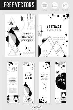 four abstract banners with black and white geometric shapes on the front, back and sides