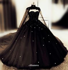 Gothic Wedding Dress Ball Gown With Cape, Fairytales Wedding, Quinceanera Dresses With Cape, Ball Gown Quinceanera Dresses, Gaun Abad Pertengahan, Masquerade Ball Gown, Quinceñera Dresses, Black Ball Gown, Elegant Ball Gowns