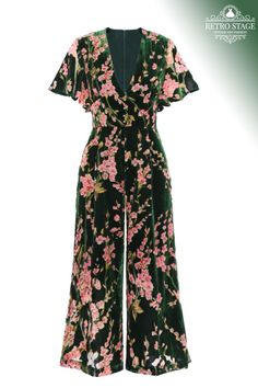 $68.99 Elegant Fitted Floral Jumpsuits And Rompers, Green Floral Print Jumpsuits And Rompers For Party, Fitted Vintage Floral Print Jumpsuits And Rompers, Style Vert, Retro Stage, Plum Blossoms, Vintage Jumpsuit, Velvet Jumpsuit, Standard Dress