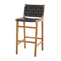 a wooden stool with black leather seat