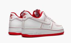 The Nike Air Force 1 Low ‘07 “Contrast Stitch - White/Red” gives a subtle update to the classic “White on White” colorway of the retro basketball and lifestyle silhouette.  One of several colorways in the Air Force 1’s “Contrast Stitch” collection, the “White/Red” is an essential footwear option for any sneaker collection.  White leather appears on the perforated toe, mid-panel, and heel.  University Red contrast stitching outlines each panel on the upper and borders the tonal Swoosh detailing o Adidas Yeezy Women, Adidas Outfit Women, Retro Basketball, Red Nike, Nike Air Force 1 Low, Stadium Goods, Air Force 1 Low, Sneaker Heels, Sneaker Collection