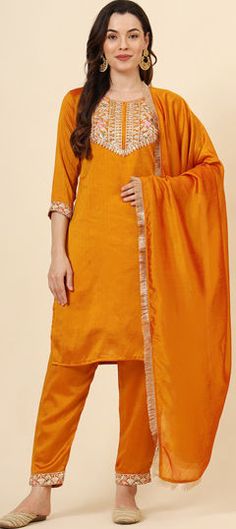 Yellow color Salwar Kameez in Silk fabric with Embroidered, Thread, Zari work Festive Art Silk Palazzo Set With Embroidered Border, Wedding Palazzo Set With Embroidered Border For Diwali, Wedding Palazzo Set With Embroidered Border For Festivals, Diwali Art Silk Palazzo Set With Embroidered Border, Wedding Palazzo Set With Embroidered Border In Art Silk, Festive Dola Silk Kurta With Embroidered Border, Gold Bollywood Kurta With Embroidered Border, Bollywood Style Gold Kurta With Embroidered Border, Gold Salwar Kameez With Embroidered Border For Designer Wear