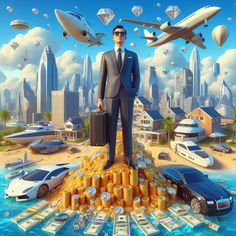 a man standing on top of a pile of money with an airplane flying above him