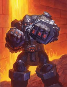 a painting of a giant robot with flames in the background