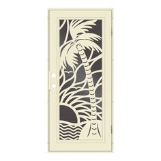 a door with an image of a palm tree and waves on the screen in white