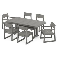 an outdoor table with six chairs and one bench is shown in this image, it appears to be gray