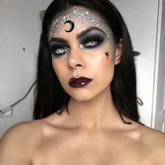 61 Easy DIY Halloween Makeup Looks - StayGlam Sparkly Witch Makeup, Black Witch Makeup Halloween, Pretty Witch Costume Makeup, Glitter Witch Makeup, Moon Goddess Makeup Halloween, Silver Witch Makeup, Sorceress Costume Makeup, Star Witch Makeup, Friendly Witch Makeup