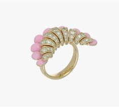 Ref. FF176RG54 Allegra ring, Yellow Gold, Champagne Diamonds, Pink Enamel. Allegra Big Pink Enamel ring in 18k yellow gold, adorned with sparkling champagne diamonds, and hand-painted with pink enamel gently ebbing the finger like floral petals. Gold: g 15.20 | Champagne Dia: ct 1.29All weights are approximate. Slight variations may occur due to the nature of handmade craftsmanship. Pink Enamel Ring For Wedding, Fine Jewelry Pink Enamel Ring, Fine Pink Enamel Rings, Pink Enamel Ring Fine Jewelry For Anniversary, Pink Enamel Ring For Anniversary, Fine Jewelry Style, Pink Enamel Ring For Anniversary, Pink Formal Enamel Ring, Elegant Pink Enamel Ring, Pink Enamel Ring Fine Jewelry