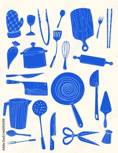 blue silhouettes of kitchen utensils and cooking utensils on a white background