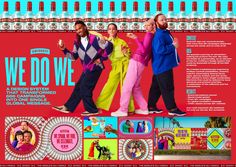 an advertisement for the movie we do love with three men in bright colored outfits and one woman