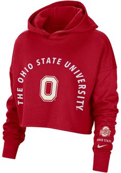 Wear your Buckeyes spirit with pride in this Ohio State Buckeyes Long Sleeve Hoodie! Fight off the chill in this The Ohio State University Womens Red Campus Crop Hooded Sweatshirt. This Buckeyes Long Sleeve Hoodie features a screen print team name and logo on center chest. Nike Hoodie For Sports Season, Nike Hoodie With Kangaroo Pocket For Fall, Nike Hoodie With Pockets For Fall, Collegiate Fall Sweatshirt With Kangaroo Pocket, Nike Hooded Hoodie With Ribbed Cuffs, Sporty Sweatshirt With Kangaroo Pocket For College, Fall Sports Hoodie With Drawstring, University Red Sporty Sweatshirt For Fall, Sports Hoodie With Drawstring