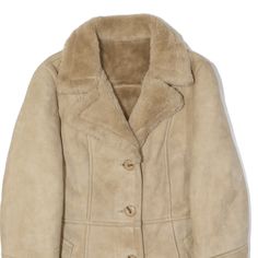 Item is in used condition. Item has a few signs of marks and wear throughout. >Size: S >Armpit To Armpit: 19" >Armpit To Cuff: 17" >Collar To Hem: 28" Beige Single-breasted Leather Jacket For Winter, Winter Leather Jacket With Buttons, Classic Beige Outerwear With Faux Fur Lining, Classic Long Sleeve Fur Coat With Button Closure, Classic Beige Long Sleeve Fur Coat, Classic Long Sleeve Beige Fur Coat, Jacket Beige, Wholesale Shoes, Cardigan Coat