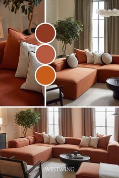 an orange sectional couch with pillows on it