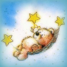 a drawing of a teddy bear laying on top of a basket with stars in the sky