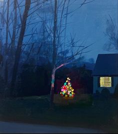 a painting of a christmas tree in front of a house