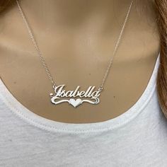 Description: 925 Sterling Silver Name Plate Heart Necklace - Isabella Item No.: C01 Metal Type: .925 Sterling Silver With Stamped 925 Finish: High Polish Measurement: 16" - 18 Inches. Pendant: 1.5" X 0.75" Brand New With Box Dainty Silver Nameplate Custom Necklace, Sterling Silver Name Necklace As A Gift For Her, Stamped 925 Silver Necklaces For Mother's Day, Stamped 925 Necklaces For Mother's Day, Silver Heart Pendant Name Necklace As Gift For Her, Dainty Silver Custom Necklace As Personalized Gift, Sterling Silver Heart Pendant Necklace For Personalized Gift, Personalized Sterling Silver Necklace With Heart Pendant, Silver Custom Necklace With Name For Her