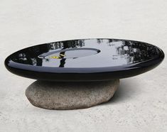 a black plate sitting on top of a rock next to a tree in the background