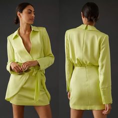 Misha For Anthropologie Tie-Front Reidun Mini Blazer Dress Features A Signature Satin Fabrication, A Point Collar, Oversized Button Cuffs, Padded Shoulders, And A Concealed Back Zip Closure. Mini Length Silhouette With A Layered Self Tie Wrap Skirt. Lined. Condition: Brand New With Tags Size: Color: Lime Punch Approximate Measurements (When Laid Flat): Pit To Pit: 19.5 Inches Waist: 15.75 Inches Length: 35 Inches Yellow V-neck Mini Dress For Formal Occasions, Yellow Long Sleeve Dress For Date Night, Formal Yellow V-neck Mini Dress, Yellow Long Sleeve Dress For Night Out, Yellow Mini Dress For Formal Occasions, Yellow Long Sleeve Mini Dress For Formal Occasions, Formal Long Sleeve Yellow Mini Dress, Formal Yellow Long Sleeve Mini Dress, Elegant Lime Green Spring Dress