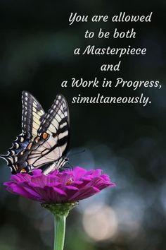 a butterfly sitting on top of a purple flower next to a quote that reads, you are allowed to be both a masterpiece and a work in progress simultaneously