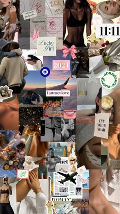 the collage shows many different pictures and words on it's side, including an image of a woman in a bathing suit