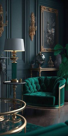 an elegant living room with green velvet furniture and gold trimmings on the walls