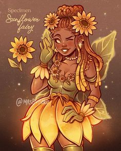 a drawing of a woman with sunflowers on her head and hands in the air