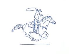 a drawing of a man riding a horse with a lasso on his head,