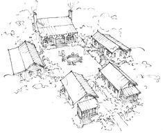 a drawing of some houses and trees in the middle of a field with people walking around