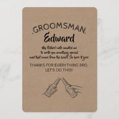 a card with the words groomsman edward and two hands holding each other's fingers