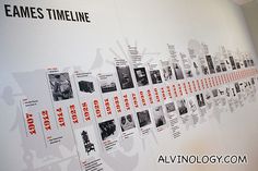 a white wall with red and black pictures on it's side, along with the words eames timeline