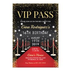 a red carpet and black background with gold glitters on it is an elegant birthday party card