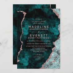 an elegant wedding card with gold foil and teal marble on the front, featuring a black