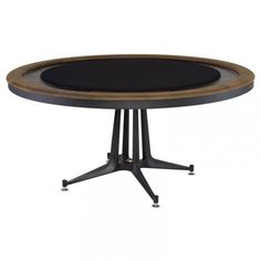 a round table with black top and metal legs, on an iron base stand up against a white background