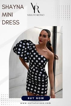 Discover the perfect blend of elegance and sexiness with our Shayna Mini Dress. This one-shoulder dress boasts an irregular white dot print on a sleek black background, creating a slimming effect that will make you the center of attention at any party or outing. Made with high-quality materials, our dress is a must-have for any fashion-forward woman. Trendy One-shoulder Evening Dress, Trendy Asymmetrical One-shoulder Dress, Trendy Party Dress With Asymmetrical Neckline, Trendy Dress With Asymmetrical Neckline For Date Night, Trendy Evening Dresses With Asymmetrical Neckline, Trendy Evening Dress With Asymmetrical Neckline, Trendy Black One-shoulder Mini Dress, Polka Dot Dresses For Spring Party, Trendy One Shoulder Mini Dress For Party