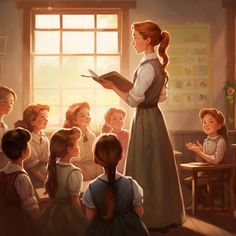 a painting of a woman reading to children in a school room with sunlight coming through the window