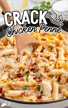 a skillet filled with pasta and chicken in a creamy sauce that's ready to be eaten