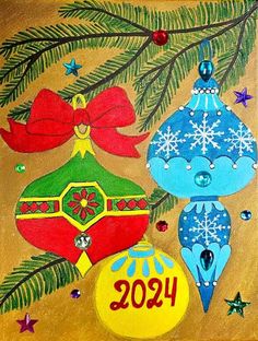 an acrylic painting of christmas ornaments on a wooden board with the year 1909