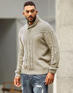 This Men's Shawl Collar Cable Knit Sweater is the perfect choice for those chilly days. Crafted from a warm and comfortable blend of materials, this classic sweater features a unique shawl collar for a timeless look. The cable knit design ensures durability while providing a timeless style. Keep warm in this reliable winter staple. 100% Polyester FEATURE: Solid ribbed knit sweater, features cable knit pattern, Shawl Collar and ribbing on the cuffs and hem, and button decoration. Size Chest Waist XXS 29 - 31 27 - 29 XS 30 - 32 28 - 30 S 34 - 36 30 - 32 M 38 - 40 32 - 33 L 42 - 44 33 - 34 XL 46 - 48 36 - 38 2XL 48 - 50 40 - 42 3XL 50 - 52 44 - 48 Casual Knitted Polo Sweater For Cold Weather, Warm Winter Sweater For Outdoor Wear, Warm Winter Sweater For Outdoor, Outdoor Winter Sweater, Casual Cable Knit Polo Sweater For Winter, Casual Winter Cable Knit Polo Sweater, Winter Knit Polo Sweater, Casual Knitted Outdoor Sweater, Casual Outdoor Knitted Sweater