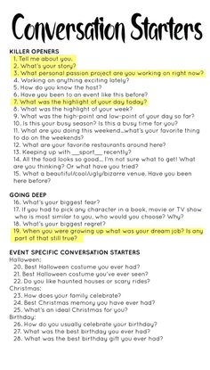 Social Questions Conversation Starters, To Get To Know Someone Questions, How To Make Convos Interesting, Morning Conversation Starters With Him, Relationship Starter Questions, Conversation Starters In Person, Conversation Starters For Work, New Relationship Conversation Starters, Simple First Date Questions