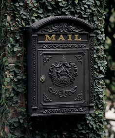 a mailbox on the side of a tree with ivy growing over it's sides