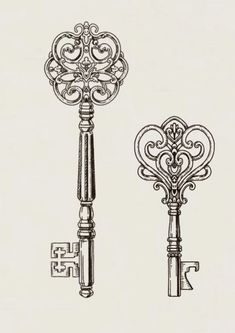 an antique key with two keys attached to it, and another key on the other side