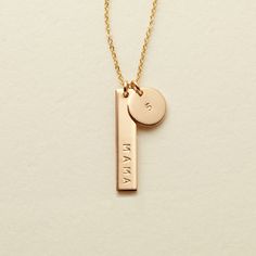 Made By Mary Mama & Co Bar Necklace | Customizable, Hand Stamped Gold Necklace Pendant, Personal Mantra, Made By Mary, Mama Necklace, Vertical Bar, Zodiac Pendant, Mom Jewelry, Diamond Bar, Solitaire Necklaces